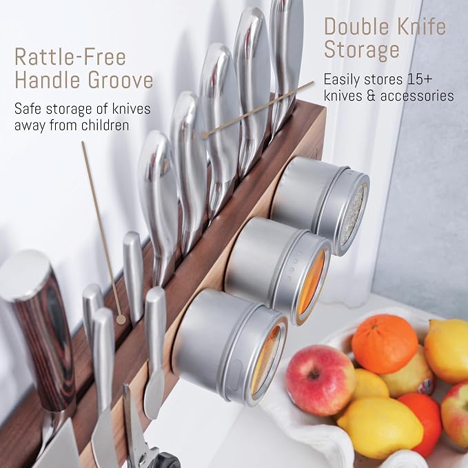 Walnut 16 inch Magnetic Knife Holder for Wall with 2x Storage & Charming Wood - Knife Magnetic Strip, Under Cabinet Magnet Knives Storage - Magnet Strip Rack Kitchen Utensil Holder Organizer Tool
