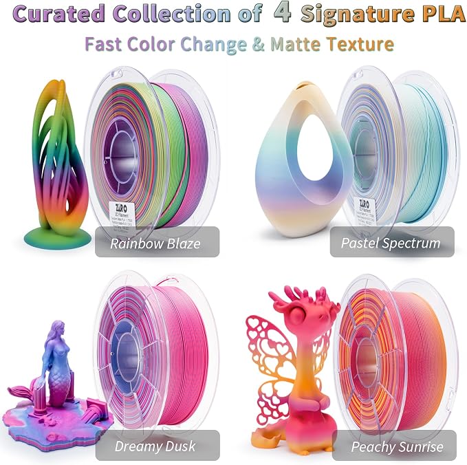 ZIRO Matte Fast Color Change PLA 4 Pack, 1.75mm Color Gradient Filament Bundle, No-Shine Rainbow PLA Filaments, Fit Most 3D Printers and Pen, 2.2lbs X 4 Spool
