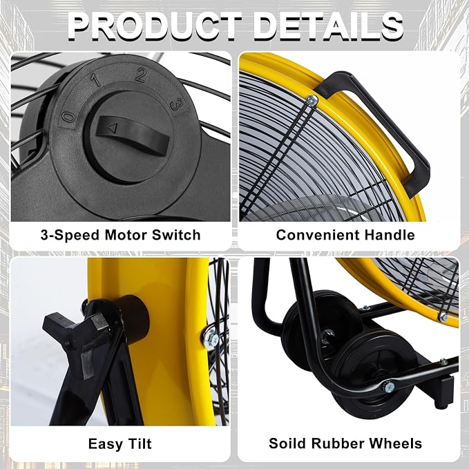 hykolity 24 inch 8100 CFM High Velocity Industrial Drum Fan, 3-Speed Heavy Duty Metal Shop Fan for Warehouse, Garage, Workshops, Factory, UL Listed, Yellow