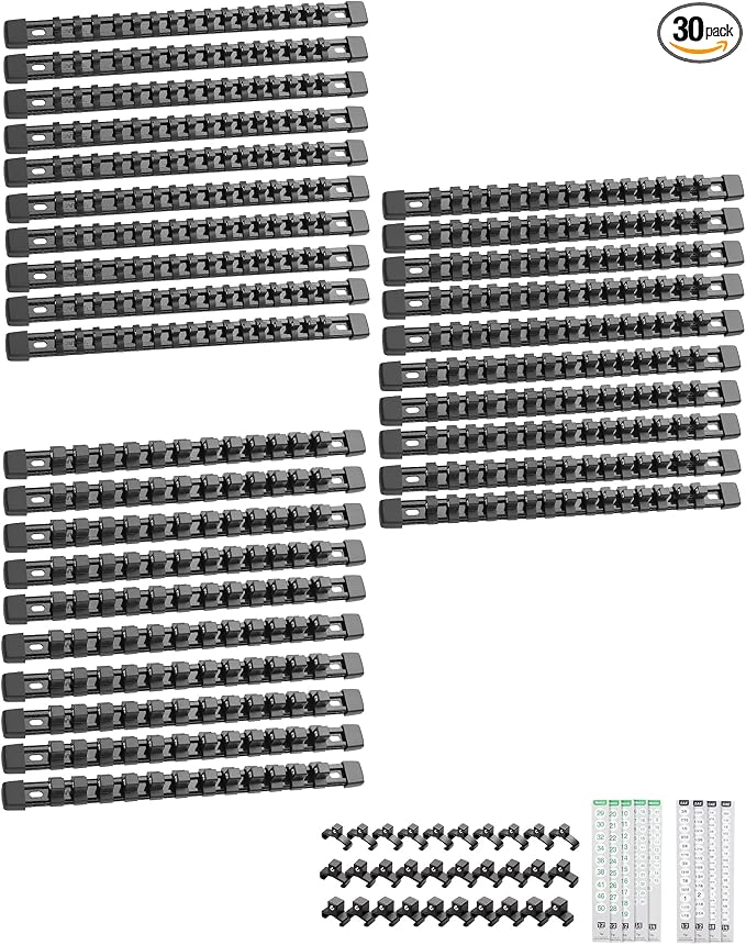 ALOANES 30PC Socket Organizer, Socket Rails Fit 1/2", 1/4" and 3/8" Drive | Heavy Duty ABS Socket Holders Hold 430 Sockets for Mechanics Toolbox Drawer Bags(Black)