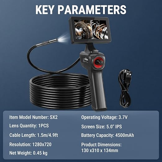 360° Articulating Borescope Camera, 3.9mm Borescope Endoscope with 5" IPS Screen, 720P HD, 4.9FT Gooseneck Cable, IP67 Waterproof Snake Cameras with 6 Lights for Automotive, Plumbing