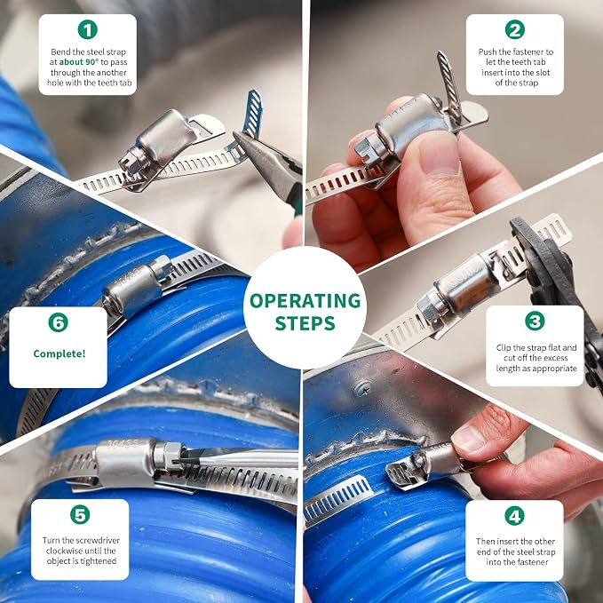 OURU 20FT Hose Clamps,304 Stainless Steel Hose Clamp Assortment Kit DIY Metal Strapping with Holes+10 Fasteners,Adjustable Worm Gear Large Hose Clamps Metal Band Screw Clamp Straps for Pipe,Duct,Tube