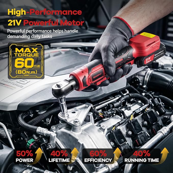 SOARFLY 3/8" Cordless Ratchet Wrench, Power Ratchet Tool Set, 60 Ft-Lbs(80N.m) Electric Ratchet Wrench with 2 * 2000mAh Lithium Batteries, 7 Sockets, LED Light, 1/4" Adapter, 3" Extension Bar