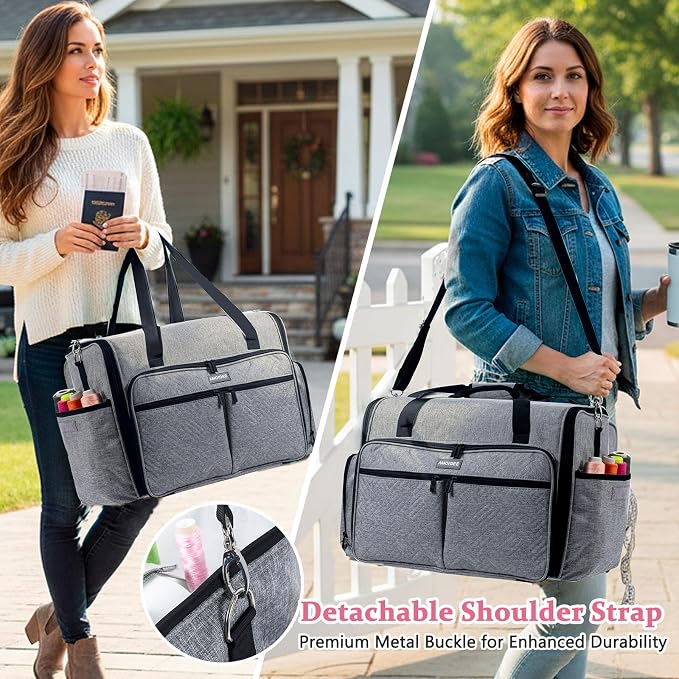 AMOIGEE Full-Open Sewing Machine Case, Large Sewing Machine Storage Bag for Travel - Heavy-Duty Embroidery Tote for Brother Singer Janome Standard Machines Holder with Pocket for Accessories and Tools