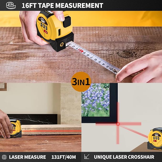 Laser Tape Measure 3 in 1 Laser Rangefinder Tape Measure | 131ft Laser Distance Meter & 16ft Tape Measure for Home Diy Pythagorean, Area, Volum, Multi-Unit Conversion (Ft/Ft+in/in)