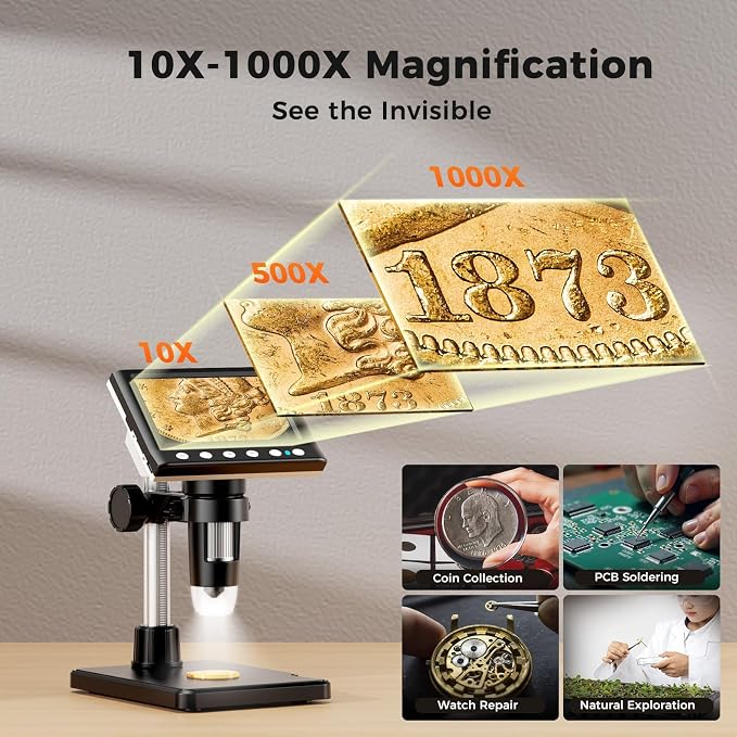4.3 Inch LCD Digital Coin Microscope, 1000X USB Magnifier with 8 Adjustable LED Lights for Coin Inspection, Electronics Repair, Soldering, Windows/Mac Compatible, 1080P