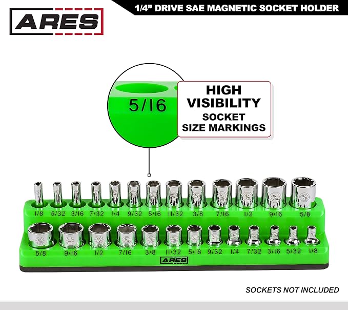 ARES 60005-26-Piece 1/4 in SAE Magnetic Socket Organizer -GREEN -Holds 13 Standard (Shallow) and 13 Deep Sockets -Perfect for your Tool Box -Also Available in RED