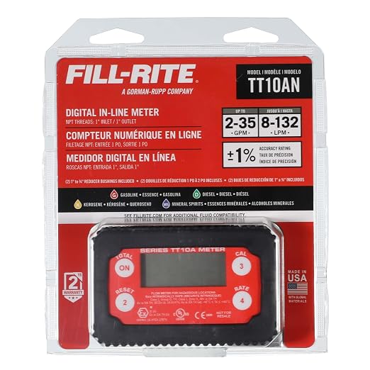 Fill-Rite TT10AN 1" 2-35 GPM(8-132 LPM) Digital In-line Turbine Meter, Aluminum, Fuel Transfer Meter,Black/Red