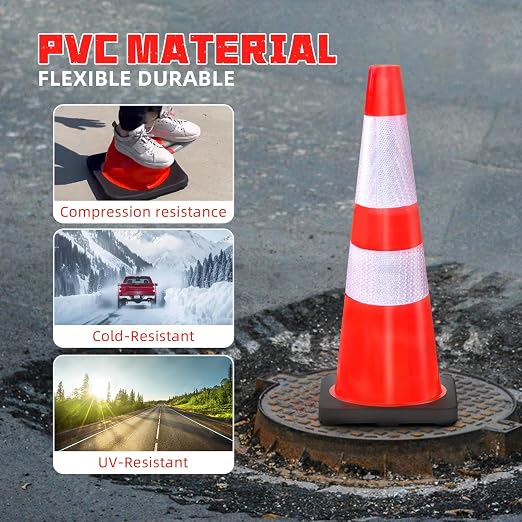 2 Pack 28 Inch Traffic Safety Cones Orange Parking Cones with Reflective Collars Heavy Duty Black Base Construction Cone Structurally Stable for Road Warning Parking Lot Public Place Traffic Control