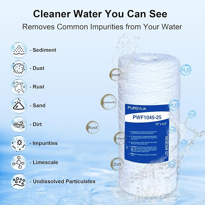 25 Micron 10"x4.5" String Wound Sediment Filter, Whole House Water Filter Cartridge for Well Water, Compatible with WP5BB97P, RS22, SWC-45-1005, Fits Standard 10" Big Housings, 4 Pack