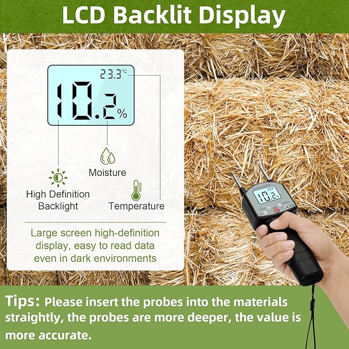 𝙐𝙥𝙜𝙧𝙖𝙙𝙚 TK100H Hay Moisture Tester, Portable Accurate Hay Moisture Meter, Hay Moisture Tester Probe with Backlit Large Screen, Hay Tester Probe for Froage, Alfalfa Orchard Grass, Bales