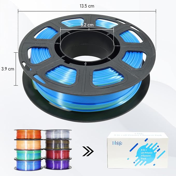 BBLIFE 8 Spools Dual Color Silk PLA 3D Printer Filament Bundle, Silk Purple Gold White Red/Black, Purple/Blue, Red/Gold, Green/Blue, Yellow/Pink, 1.75mm Bicolor Silk PLA 250gX8