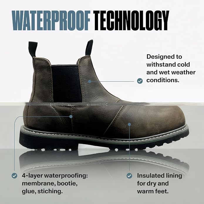 EVER BOOTS Waterproof Steel Toe Boots for Men Slip on Pull on Dark Brown