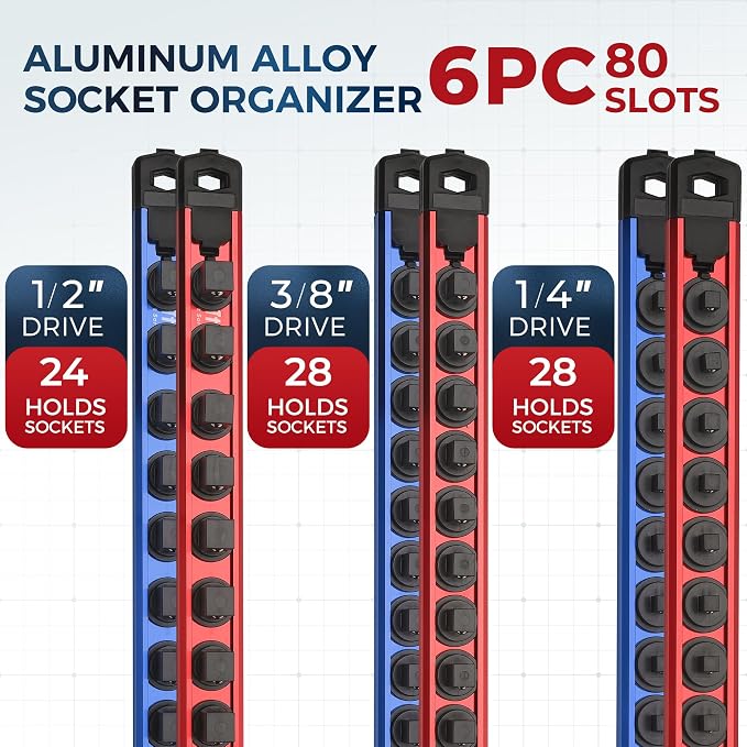 Reniteco Magnetic Socket Organizer Set, 6PC 1/2" 3/8" 1/4" Drive Aluminum Alloy Socket Holder with 80PC 360° Swivel Removable Clips, Magnetic Socket Rail for Tool Box Drawer, Red&Blue