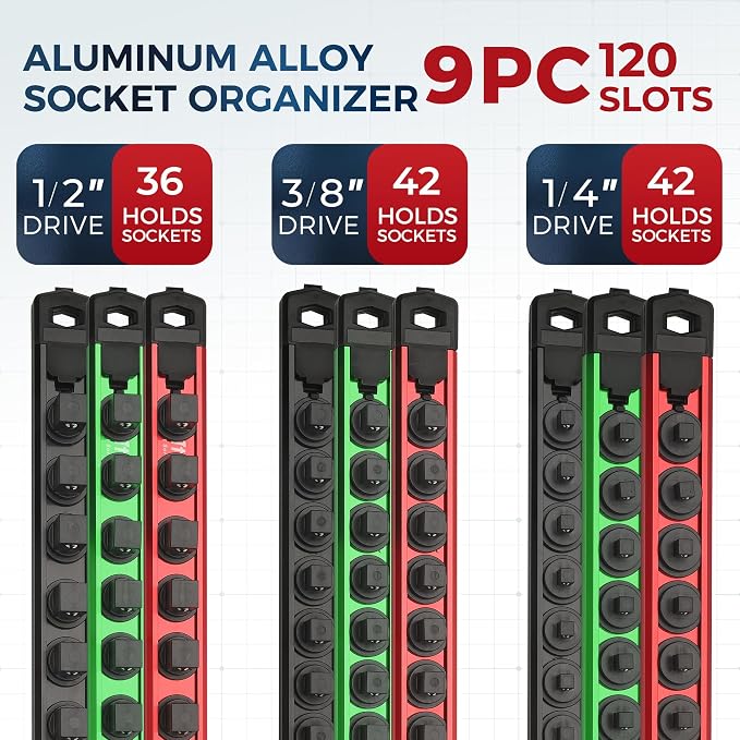 Reniteco Magnetic Socket Organizer Set, 9PC 1/2" 3/8" 1/4" Drive Aluminum Alloy Socket Holder with 120PC 360° Swivel Removable Clips, Magnetic Socket Rail for Tool Box Drawer, Multicolors