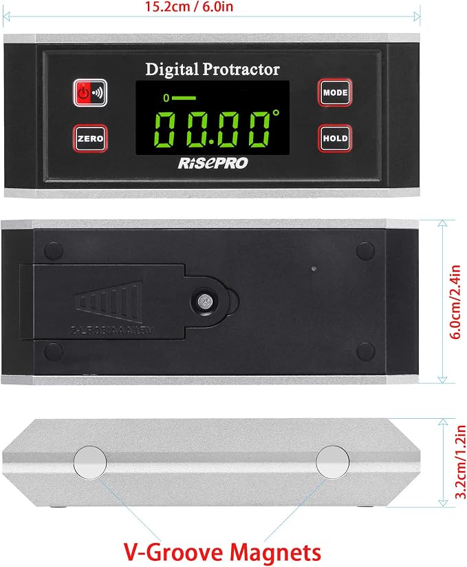 Inclinometer, RISEPRO® Digital Protractor Angle Finder Level Inclinometer Magnetic V-Groove 0~360 degree with Backlight 82413B