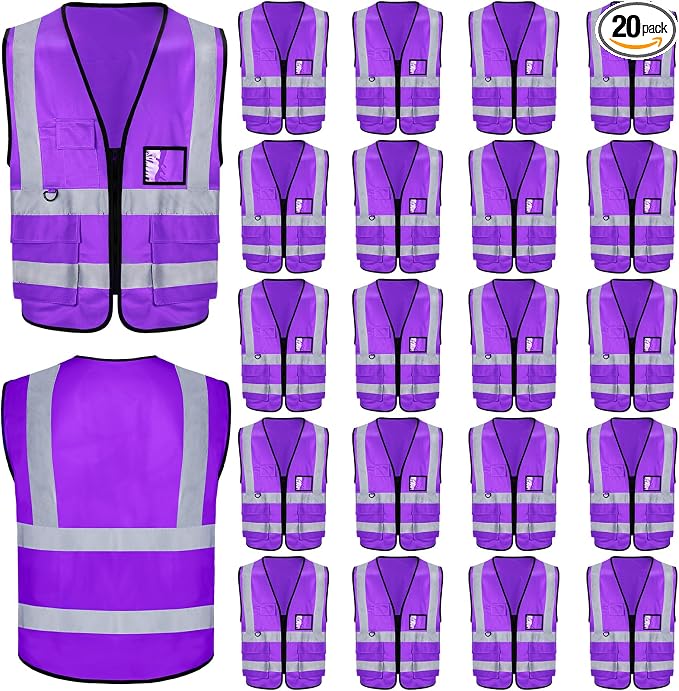 EBOOT 20 Pcs Vests High Visibility Reflective Vest Safety Neon Bright Work Construction Vest with Pockets Reflective Strips (Purple)