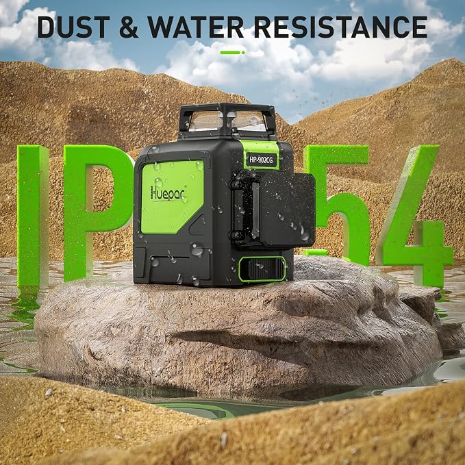 Huepar 902CG Cross Line Laser Level 2x360° Self-Leveling Laser Leveler, 2D Green Cross Line Lazer Level with Pulse Mode, Switchable Horizontal and Vertical, Magnetic Pivoting Base Included
