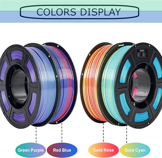 Silk Dual Color PLA 3D Printer Filament Bundle, 1.75mm Magic Coextruded Shiny Printing Filament, 4 Pack 250g Mini Spools 1kg Total - Cyan/Gold, Green/Purple, Gold/Rose, Red/Blue