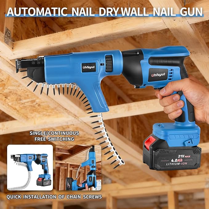 21V Cordless Drywall Screw Gun and Electric Screwdriver - 2-in-1 Self-Feeding Screwdriver, Includes Storage Toolbox and 4.0Ah Battery, Perfect for DIY and Professional Use (Battery free set)