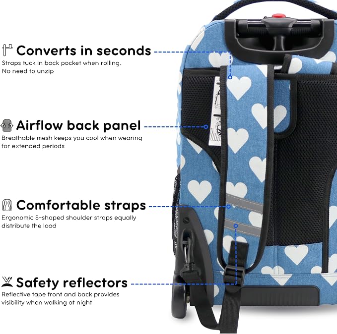 J World Sundance Laptop Rolling Backpack for Girls Boys. Roller Bookbag with Wheels, 20 Inch, Demim Heart