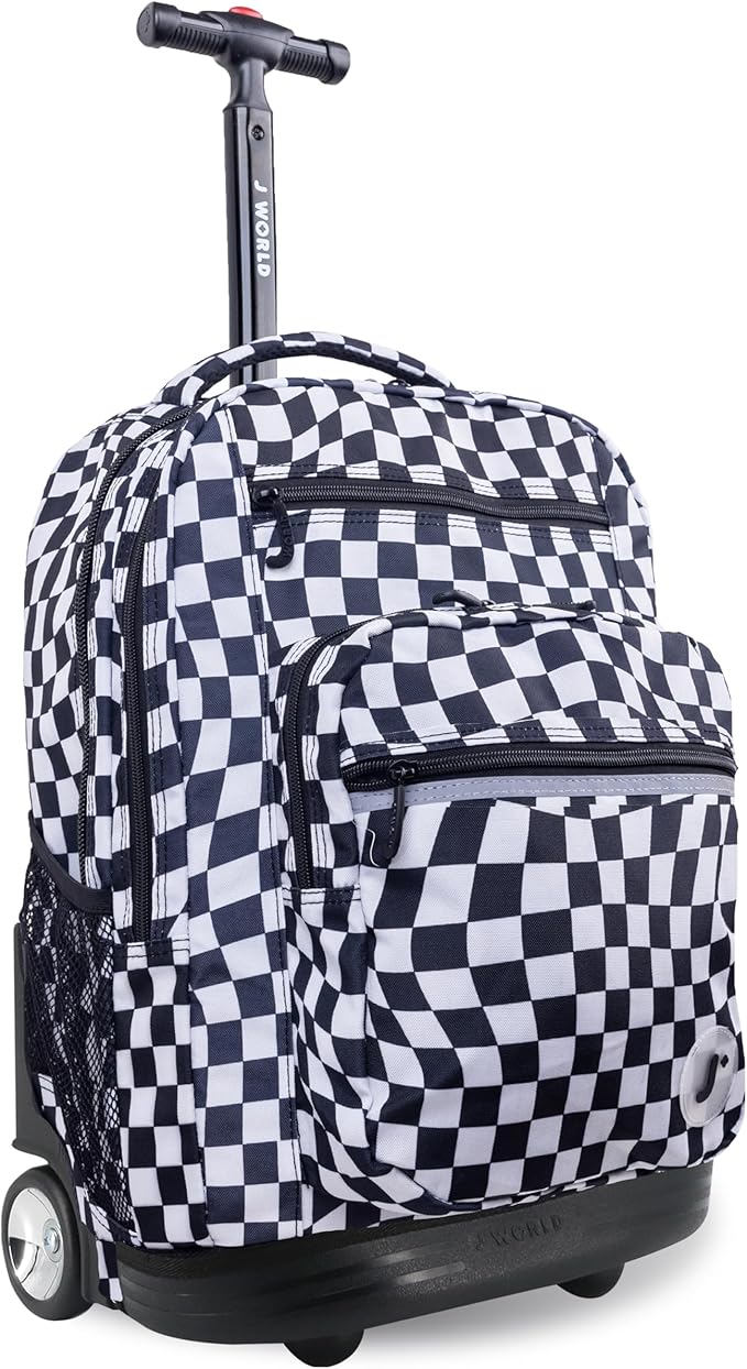 J World Sundance Laptop Rolling Backpack for Girls Boys. Roller Bookbag with Wheels, 20 Inch, Wavy Checkers