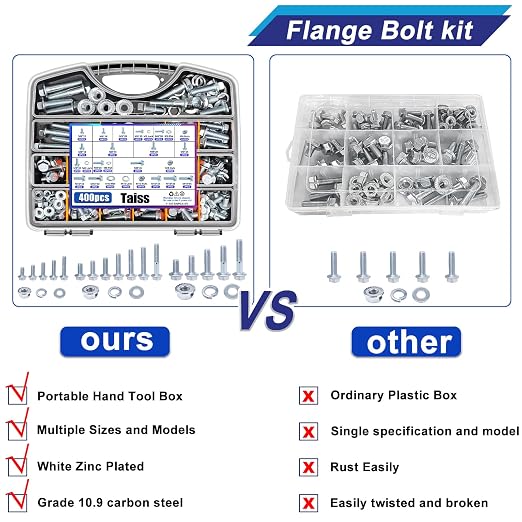 Taiss 400PCS Metric Flange Bolt Assortment kit,10.9 Grade M6x1.0/M8x1.25/M10x1.5 Bolt(12mm to 45mm) White zinc Plating Hex Metric Bolts and Nuts Washers,Nuts and Bolts Assortment kit (White)