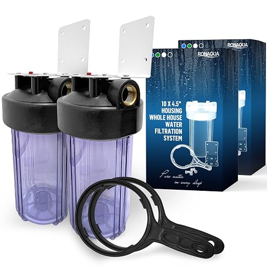 High Capacity 10 x 4.5” Whole House Filter Purifier System for Well or City Water, Presser Relief Button, 1” NPT Brass Port, Double O-Ring, Meets NSF Standards & Regulations (Transparent, 2 Sets)