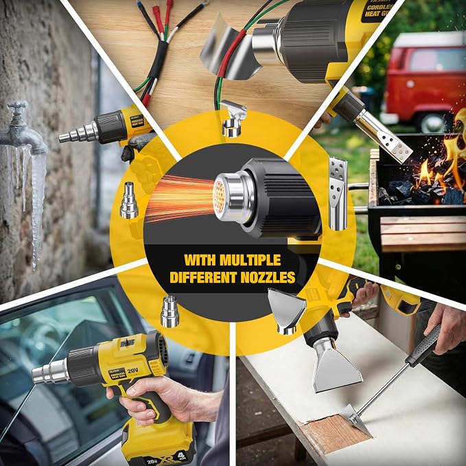 Cordless Heat Gun for De-WALT 20V MAX Battery, 7Pcs Nozzles&Scraper, LED Light, 350W Fast Heating Soldering Hot Air Gun, 2-Temp Setting Max 990℉(532℃), Heat gun for Shrink Tubing, Crafts (Tool Only)
