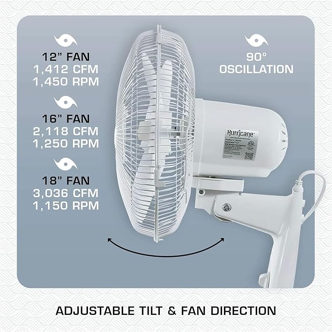 Hurricane Supreme 18" 90 Degree Oscillating Indoor Wall Mounted 3 Speed Plastic Blade Fan with Adjustable Tilt and Pull Chain Control, White (4 Pack)