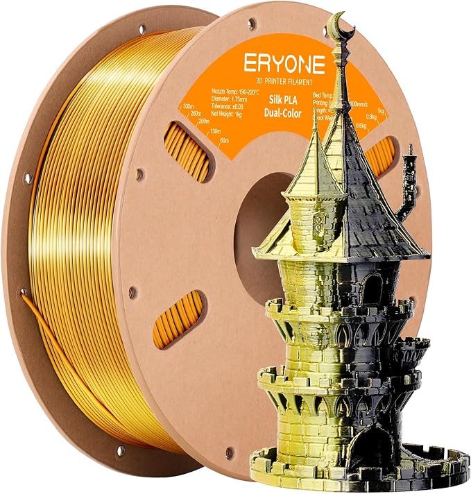 ERYONE Silk Dual Color PLA Filament 3D Printer 1.75mm +/- 0.03mm, Bicolor Filament Two Tone PLA 1KG(2.2lbs) Cardboard Spool, Black Gold