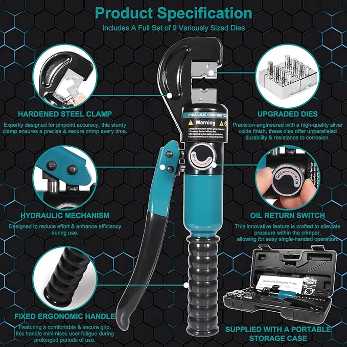 Brileine Hydraulic Crimping Tool, Hydraulic Crimper 10 Tons for 12-2/0 AWG Cable, Battery Lugs, Wire Lugs, Battery Cable Crimper Tool with 9 Pairs of Dies, 1/8” Wire Rope Crimping Tool