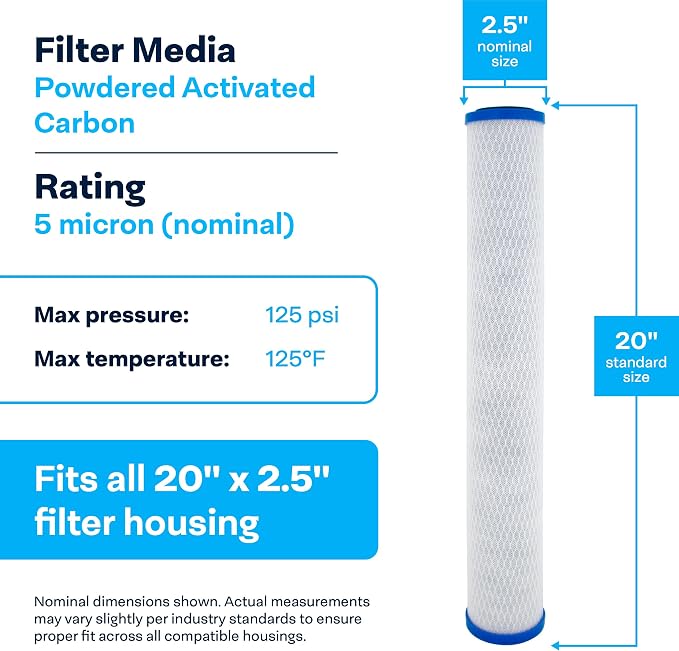 SpiroPure 20x2.5 5 Micron Carbon Block Water Filter EP-20 CB-25-2005 6 Pack