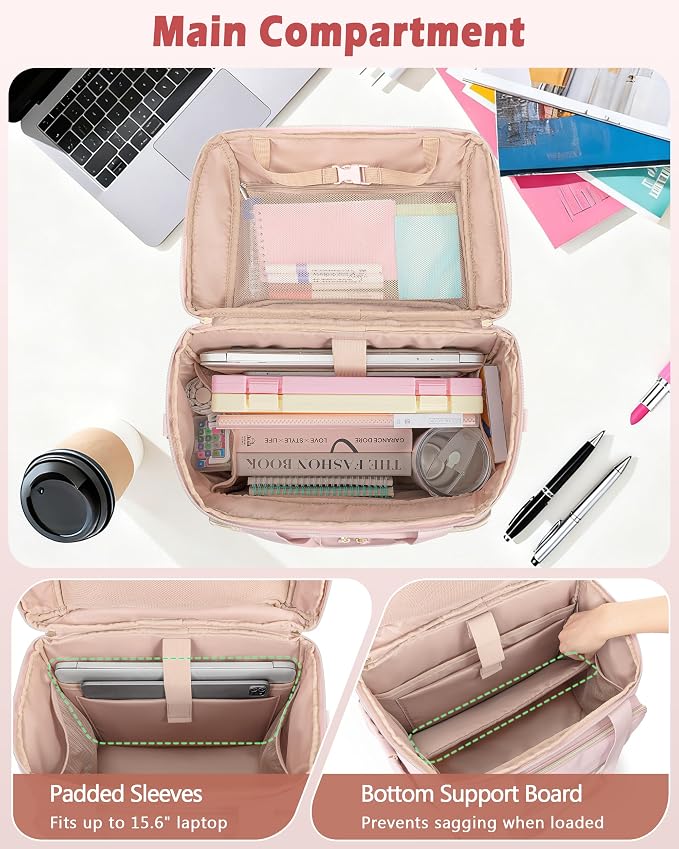 Marscamd Rolling Teacher Bag with Accordion File Organizer & 15.6" Laptop Compartment, Wheeled Work Briefcase Tote with Detachable Trolley & Crossbody Strap for Women, Pink