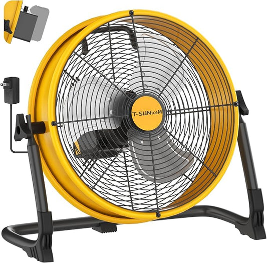 12 " Battery Operated Floor Fan Compatible with Dewalt 20V Max Battery, High Velocity AC DC Portable Fan with USB Output, Metal Blade Cordless Jobsite Fan for Garage, Camping, Workshop, Emergency Use