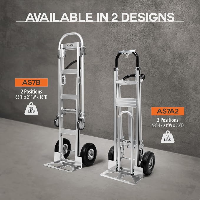 Vergo Industrial Convertible Hand Truck - AS7B Heavy Duty Aluminum 2 in 1 Dolly (800 lb Capacity) Lightweight Reinforced Frame, Ergonomic Handle, Superior Mobility Moving Dolly (2 Positions, 63" High)