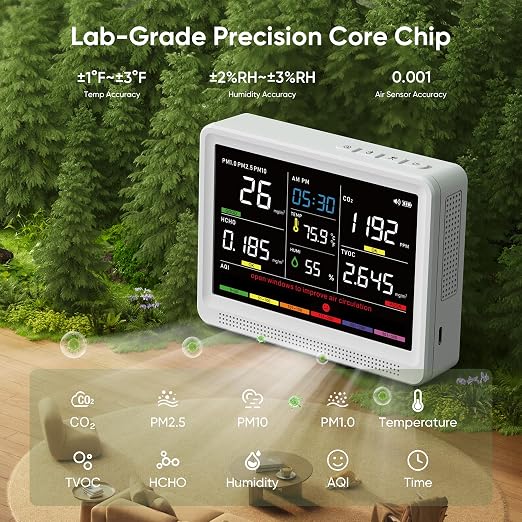 bonoch 16 in 1 Air Quality Monitor Indoor 10h-Battery & Real-Time Display 9 AQI+7 AQI Alerts, CO2 Monitor, Air Quality Tester Meter for CO2, TVOC PM2.5 PM1.0 PM10 HCHO Temperature Humidity AQI & Time