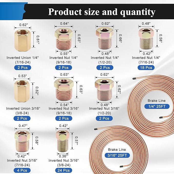 60Pcs 2 Sets 3/16 Inch & 1/4 Inch 25 FT Brake Line Tubing Kit with 58 Pcs Brake Line Fittings, Copper Coated Alloy Steel Brake Lines Kit Replacement for Hydraulic Fuel Transmission Line