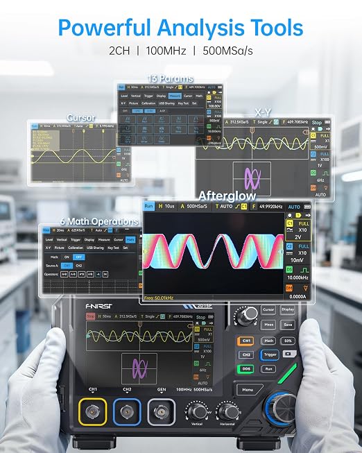 FNIRSI 2D15P 100MHz Digital Oscilloscope Multimeter DDS Signal Generator 3 in 1, 2CH Automotive Oscilloscope Multimeter 19,999 TRMS Counts, 500MS/s Sampling, 4.3'' Touch Screen