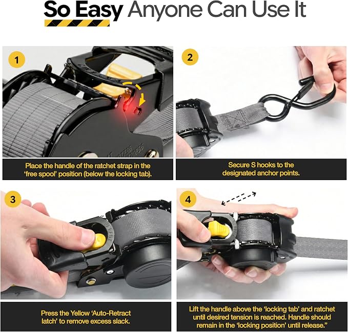 AUGO Retractable Ratchet Straps – 1" x 10' – 1200Lb Breakstrength – 4 Heavy Duty Self Retracting Tie Downs with Safety Lock S Hooks, Soft Loops & Storage Bag – for Motorcycle,Tree Stand,Bed,Boat,Cargo