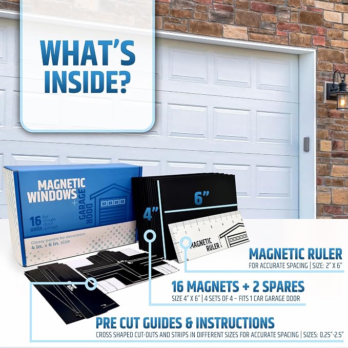 Strong & Glossy Magnetic Garage Door Windows - Fits 1 Car Garage - Looks Like Real Window Panels/Faux Panes - Decorative Hardware Kit - Easy to Align & Will Never Fall (Upgraded Magnets) | 16pcs 4"X6