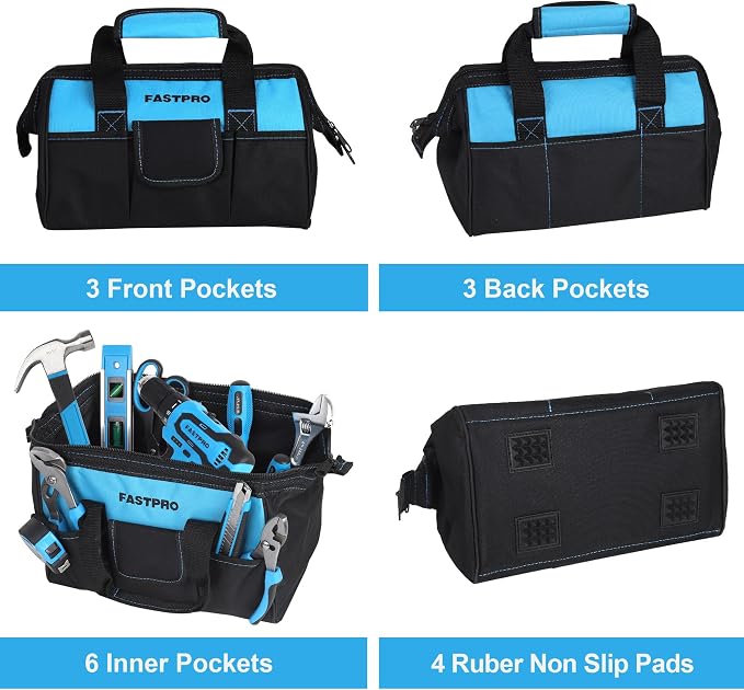 FASTPRO 232-Piece Home Tool Set with Drill, 20V Cordless Drill Driver, Household Repairing Tool Kit with Drill, 12-Inch Wide Mouth Storage Tool Bag Included, Blue