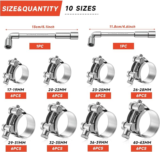 AKIHISA 50Pcs 17-43mm 8Sizes T Bolt Hose Clamps, 304 Stainless Steel Heavy Duty Hose Clamps, Constant Tension Hose Clamp, with M8 and M10 Socket Wrenches