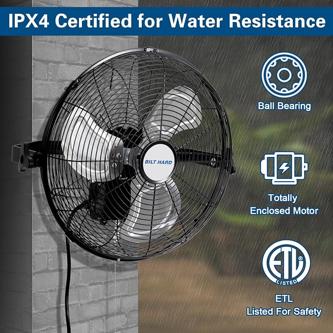BILT HARD 5400 CFM 20 in. Outdoor Wall Mount Fan, 3-Speed Waterproof Wall Fan Industrial Grade High Velocity Outdoor Fans for Patio, Commercial, Garage, and Gazebo Use- UL Listed