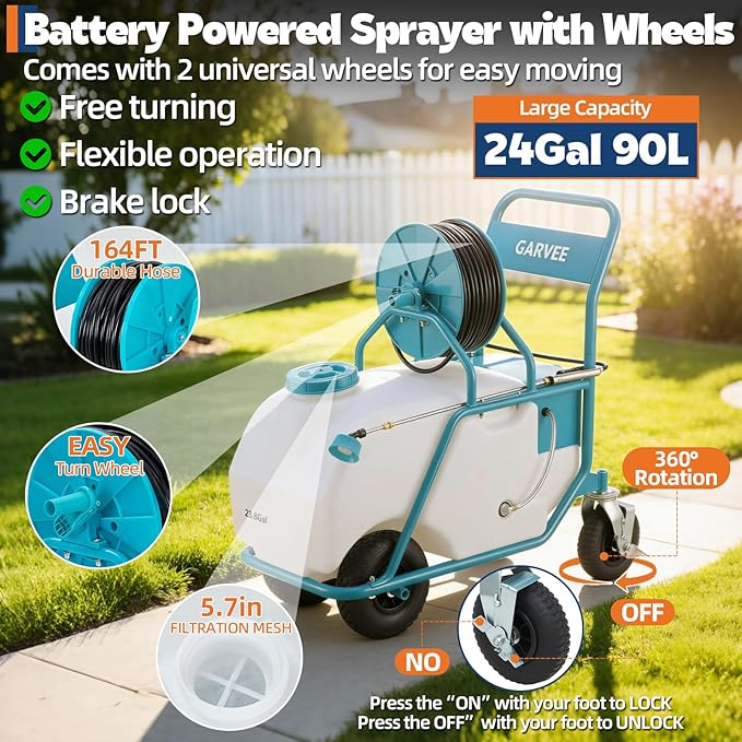 Garvee 24 Gallons Battery Powered Sprayer with Wheeled Cart, 12V 12Ah Electric Sprayer with 6 Nozzles & 2 Wands, 5-6 Hour Runtime, 90PSI Adjustable Pressure, Trigger Lock, Yard Sprayers for Lawn
