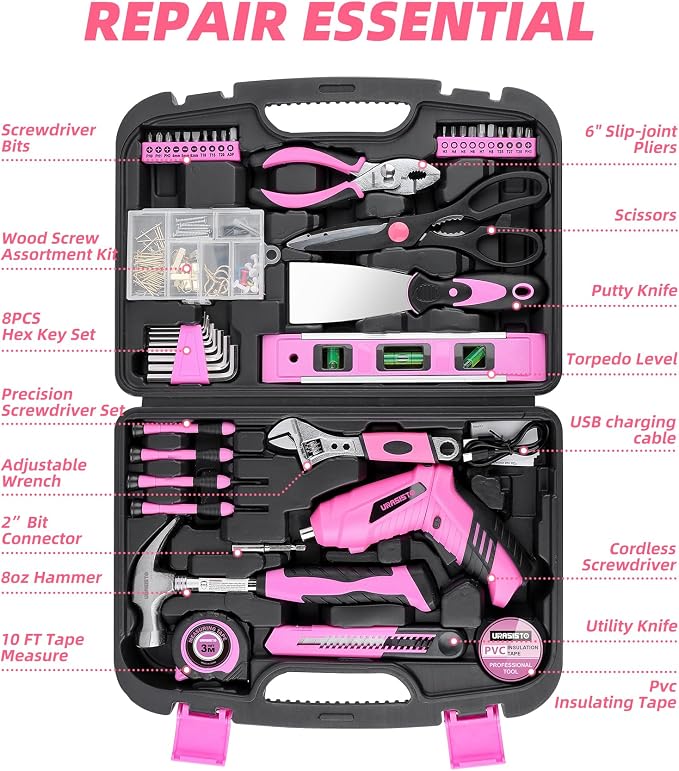 URASISTO Pink Household Tool Set with 3.6V USB Electric Screwdriver, 136 PCS Home Tool Kit with Cordless Lithium-ion Drill Driver, Hand Tool Kits for Women
