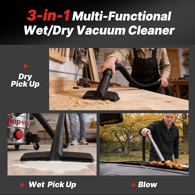 Shop-Vac 8 Gallon 4.5 Peak HP Wet/Dry Vacuum, Stainless Steel Tank, Portable with Drain Port, Blower Port, Hose and Accessories for Garage, Workshop, Jobsite, and Patio