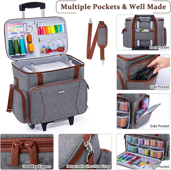 AMOIGEE Rolling Sewing Machine Case with Wheels – Sewing Machine Bag with Detachable Wheels Frame, Trolley Tote with Removable Padding,Fits Most Standard Machines Compatible with Singer,Brother,Janome