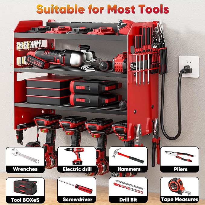 POKIPO Power Tool Organizer Wall Mount with Charging Station,Tool Storage Rack with 8 Outlet Power Strip,Heavy Duty Metal Battery Utility Rack with 4 Cordless Drill Holder 6.56 Ft Cord for Garage