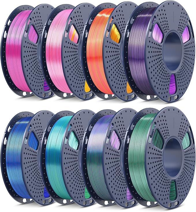 SUNLU Silk Dual Color PLA Filament Bundle, Silk 3D Printer Filament, 250G Spool, 8 Pack, 2kg in Total, Blue Red+Pink Gold+Red Gold+Black Purple+Black Blue+B LUE Green+Green Purple+B Lack G reen